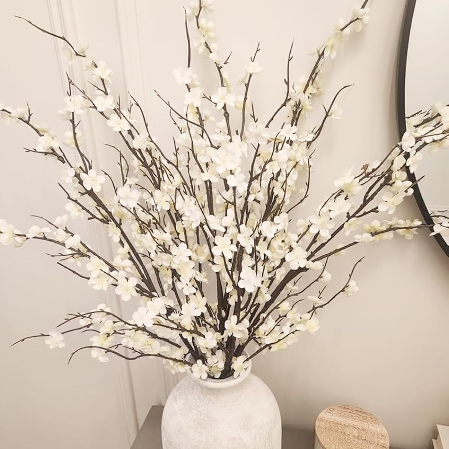 Artificial Cherry Blossom Branches 5Pack 39" Faux Flower Stems For Home Wedding Decor (5, White)