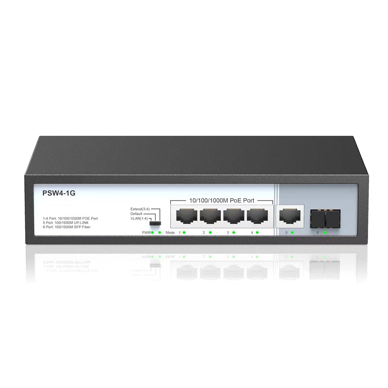 4 Port Full Gigabit Poe Switch With Fiber Unmanaged, 5 Gigabit Poe+ Ports With