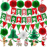 Merry Christmas Hanging Paper Banner Pom Poms Paper Flower Fan Swirl Streamers&Christmas Tree Santa Claus Banner For Merry Christmas Party Decorations