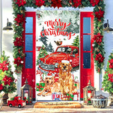 Red Truck & Golden Retriever Christmas Door Cover 73x36 Inch Welcome Banner