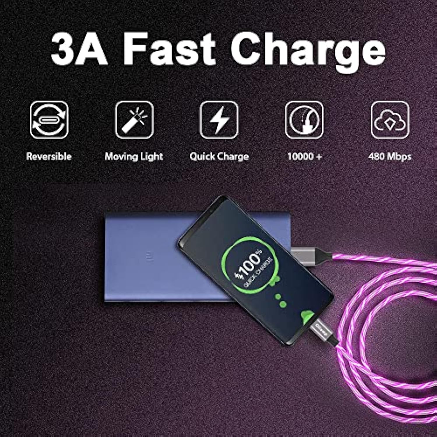 Iphone Charger Cable, Apple Mfi Certified 3Ft Led Light Up Lightning Cable Usb Fast Charger Cord High Speed Data Sync Transfer Cord For Iphone 14/13/12/11/11Pro/Max/Xs/Xr/X/6/7/8 (Purple)