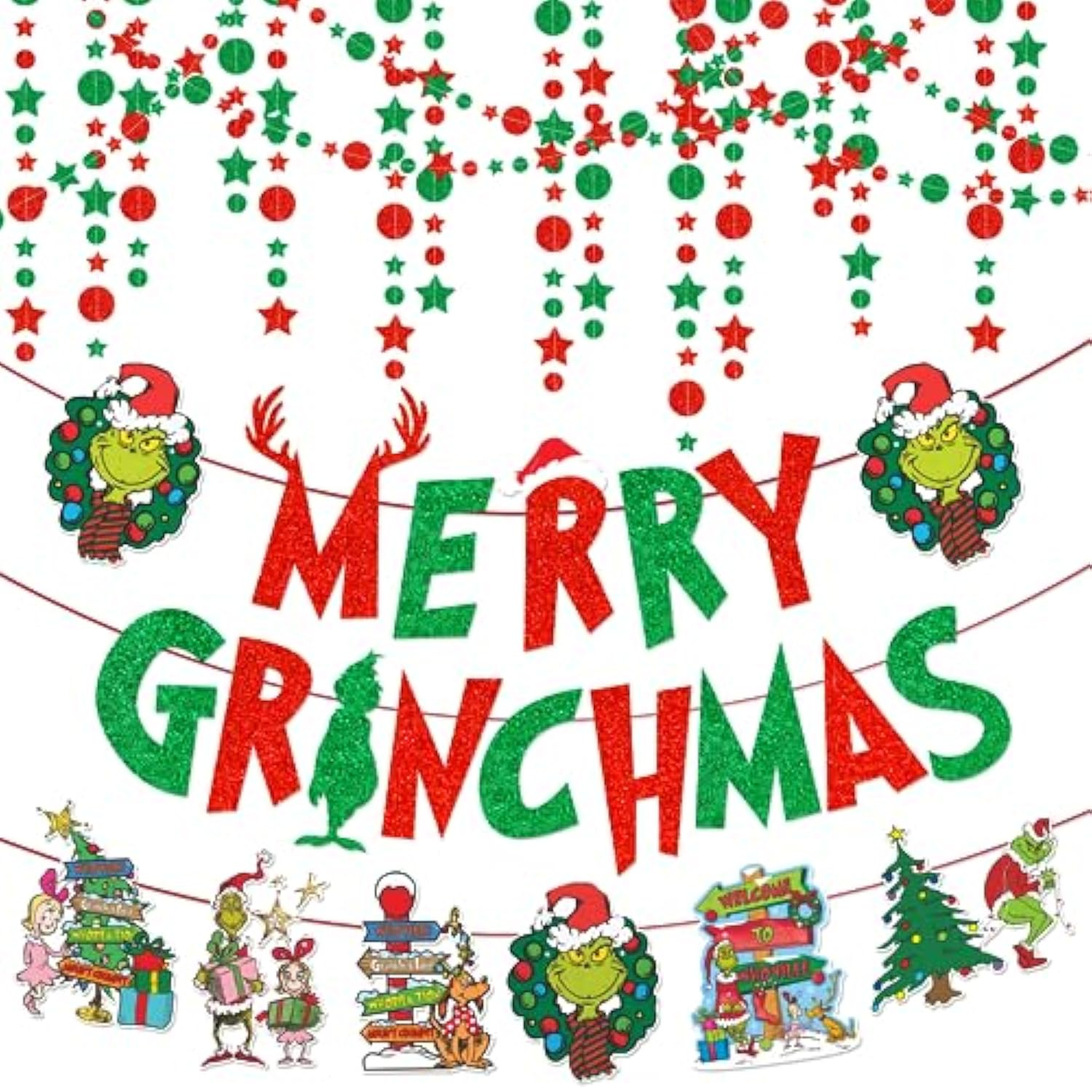 Merry Christmas Banner And Hanging Swirls Green Monster Themed Christmas Party Decorations