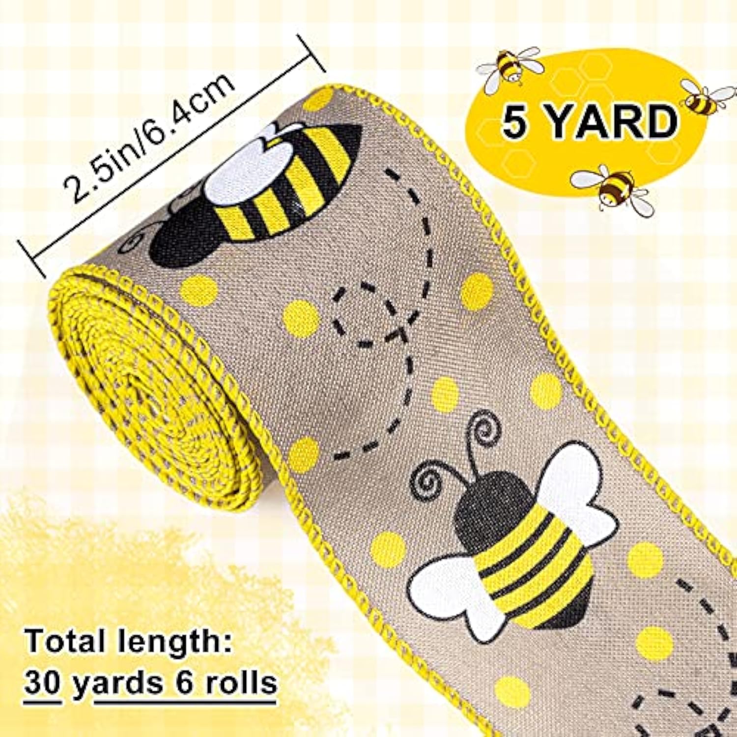 30 Yard Bumble Bee Ribbon 6 Design Yellow Black Dots Plaid Strip Wired