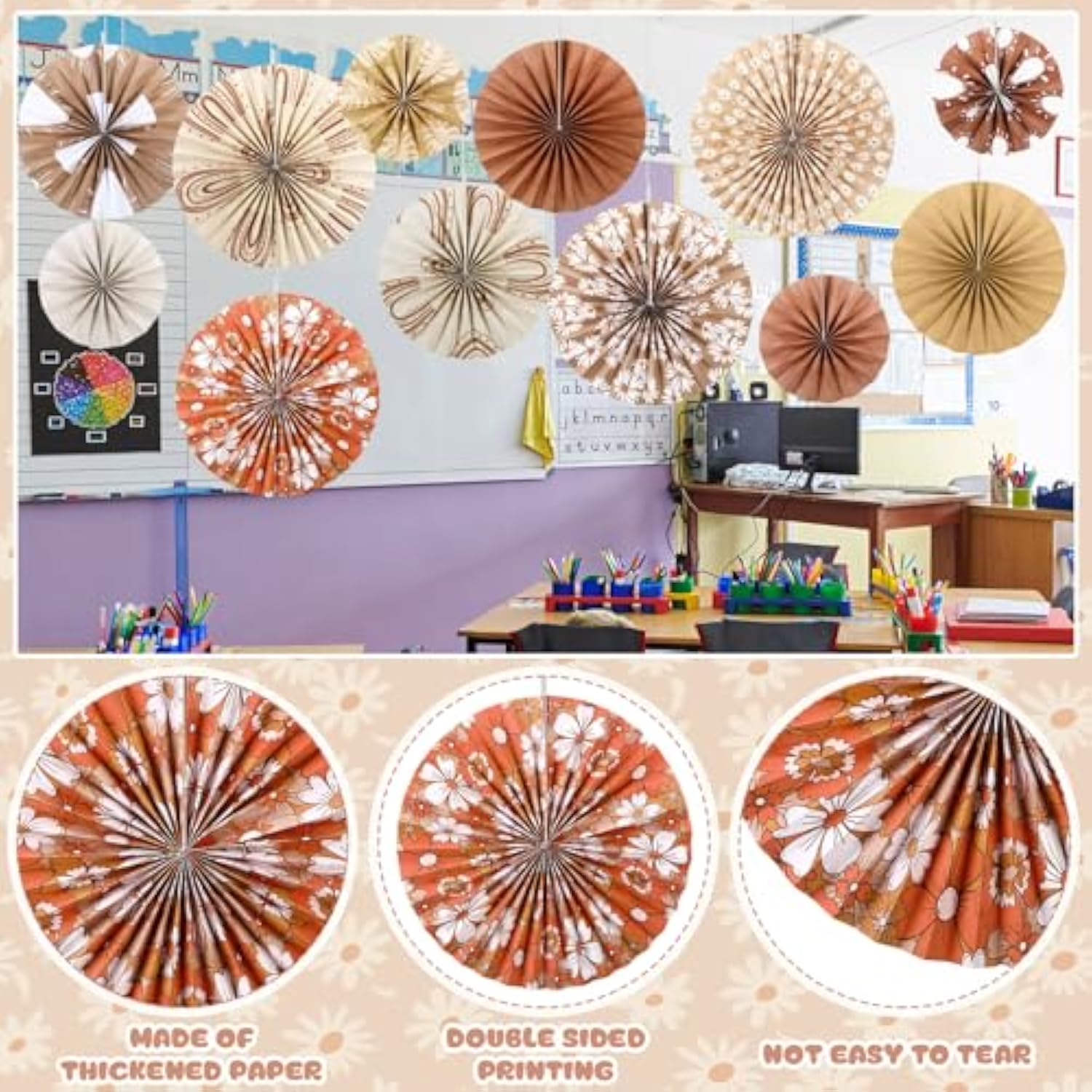 12 Pcs Boho Classroom Hanging Paper Fans 8'' 12'' 16'' Boho Classroom Decoration Rainbow Round Paper Fans Garlands Neutral Rustic Flower Leaf Wall Decor For School Office Party Decor