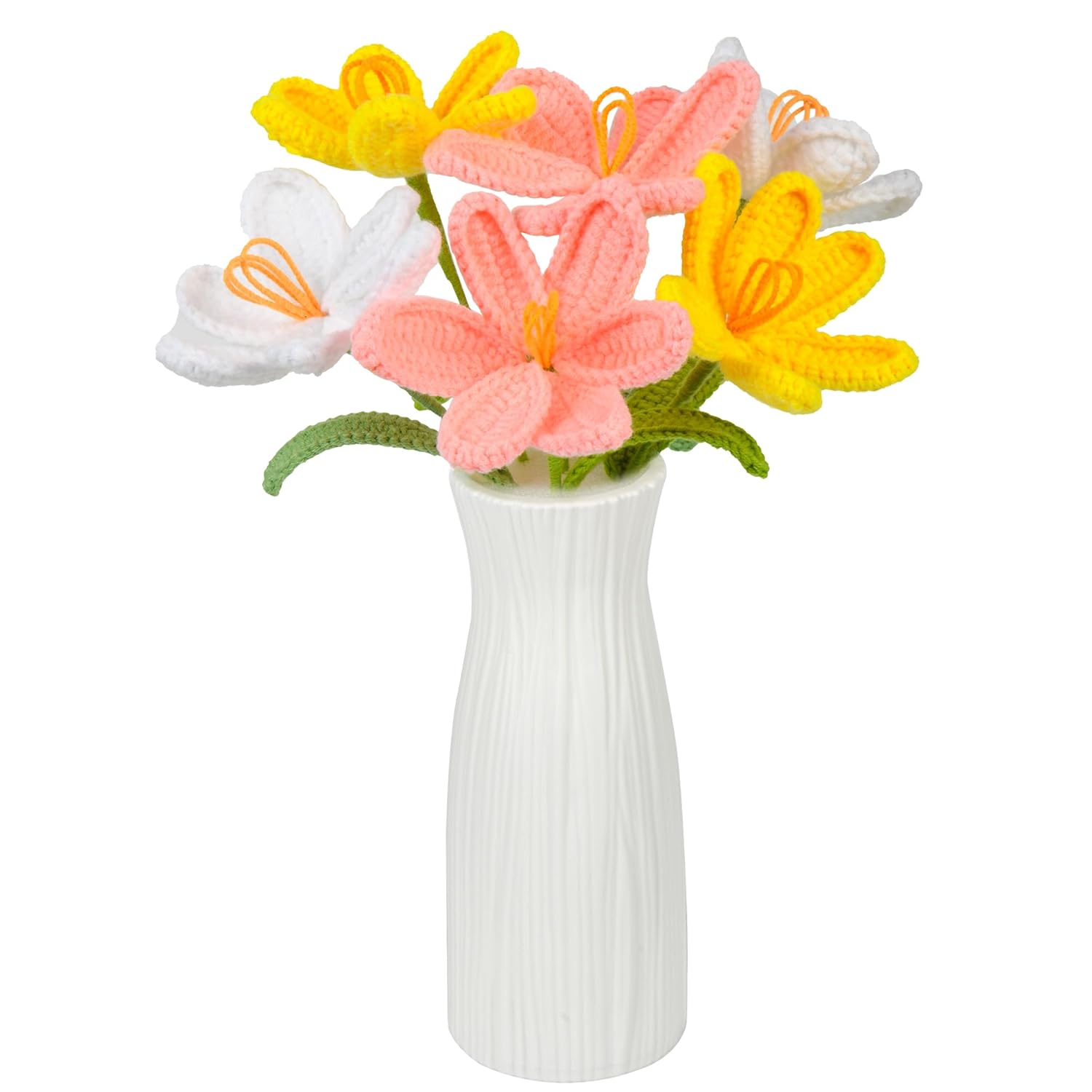 Crochet Tulip Flowers Handmade – Set Of 6 Knitted Tulips With Plastic Vase – Diy Yarn Flower Arrangement For Mother’S Day, Valentine’S Day, Birthday & Home Décor