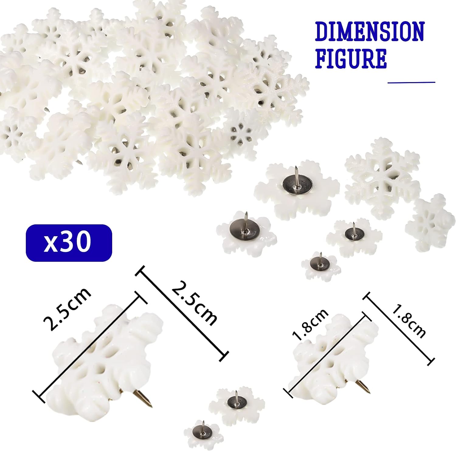 30 Pieces Christmas Snowflake Push Pins, Decorative Cork Board Tacks, 0.9 Inch Thumb Tacks For Bulletin Board, Office Home Winter Christmas Decorations(White)