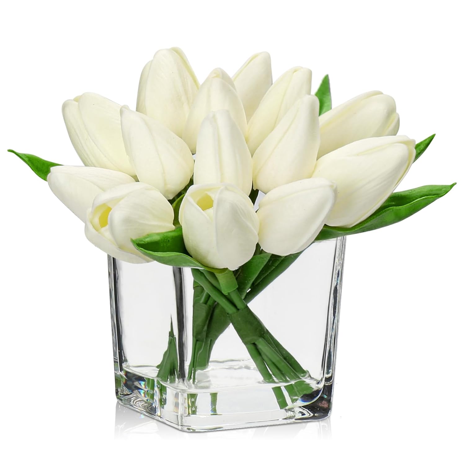 Artificial White Tulips In Vase With Faux Water 5.5" Real Touch Flowers Fake Tulips Small Flowers Arrangement In Cube Glass Vase For Mother'S Day Table Centerpiece Wedding Home Decor