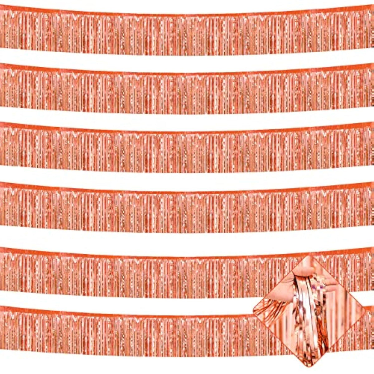 6 Pack 10 Feet Foil Fringe Garland Metallic Tinsel Streamers Banner Wall Hanging Curtain Backdrop For Parade Floats, Bachelorette, Wedding, Birthday, Halloween, Christmas Party Decorations(Rose Gold)