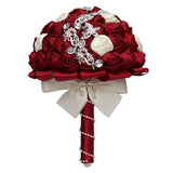 Handmade Rhinestone Wedding Bride Bridesmaid Bridal Bouquet Of Rose Holding Toss Artificial Flowers Bouquets For Bride Wedding Celebration Valentine’S Day Parties Bouquet Decor?Red+Ivory?