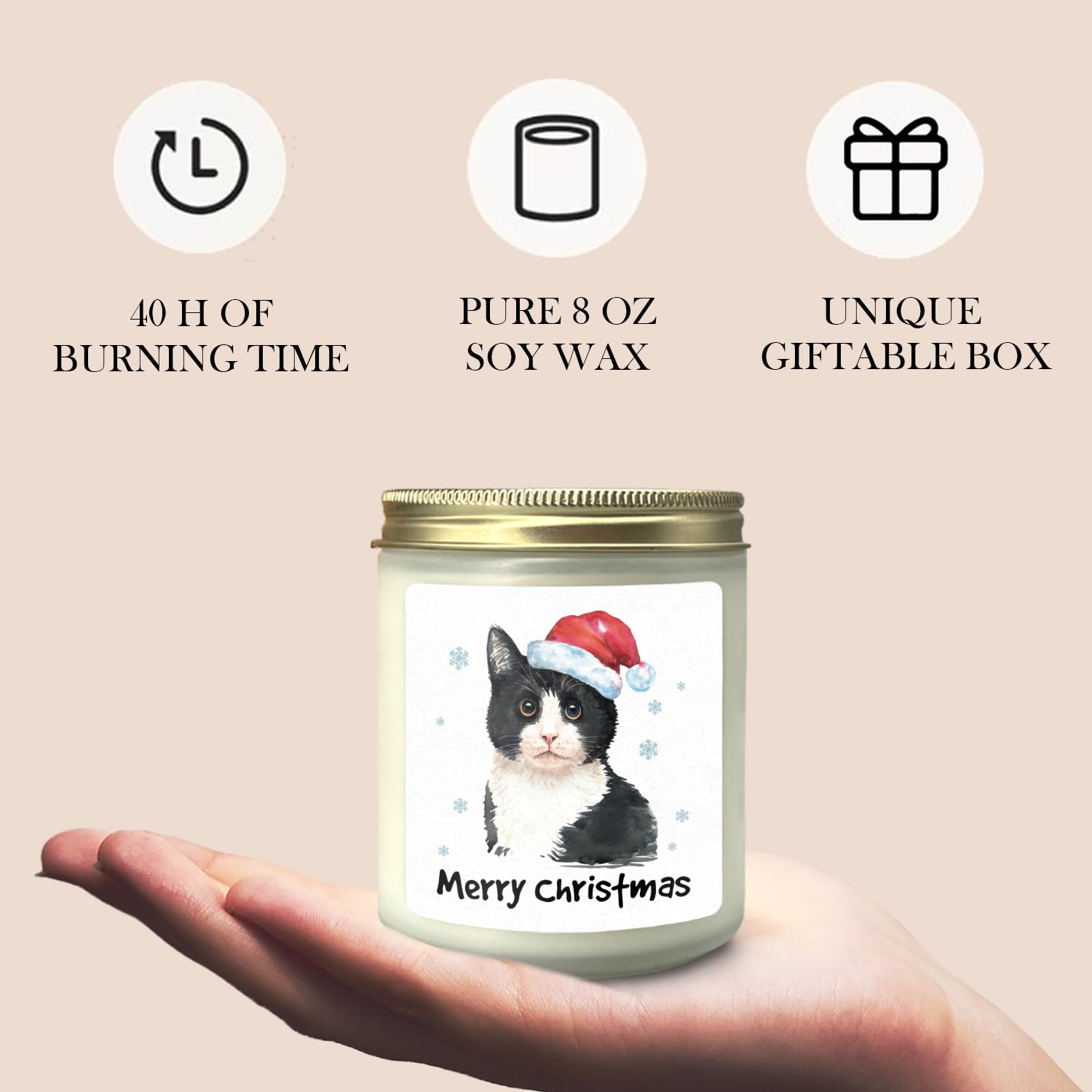 Tuxedo Cat Christmas Cedar Scented Candles - Cat Lover Gifts For Women, Girls, Mom, Lady - Merry Christmas