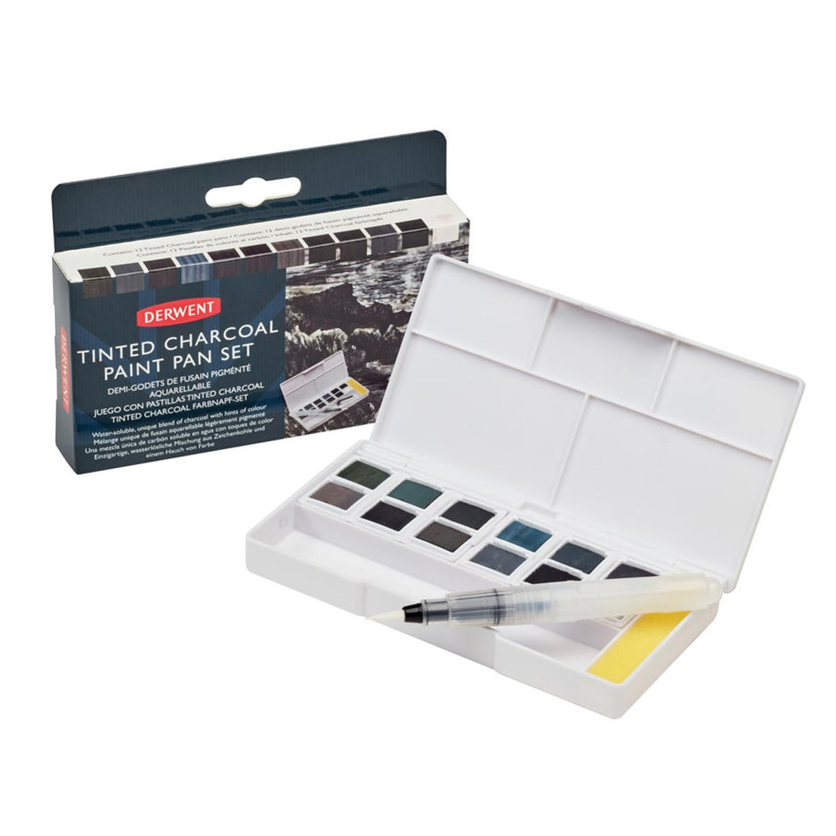 Derwent Tinted Charcoal Paint Pan Set, 12 Paints, Professional Quality, Water Soluble, Blendable, Portable, Includes Palettes, Mini Waterbrush & Cleaning Sponge (2305872)