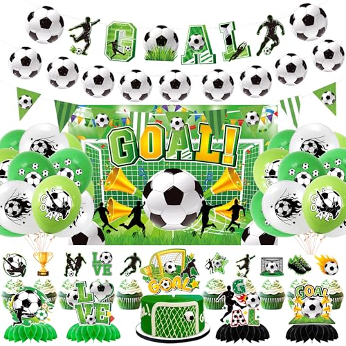 22 PCS Soccer Party Decorations, Includes Banner, Backdrop, Latex Balloons, Cupcake Toppers, Honeycomb Centerpieces, for Soccer Themed Party Decorations Supplies