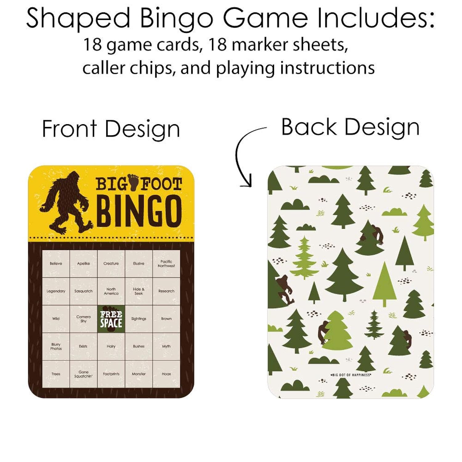 Big Dot of Happiness Sasquatch Crossing - Bingo Cards and Markers - Bigfoot Party or Birthday Party Bingo Game - Set of 18