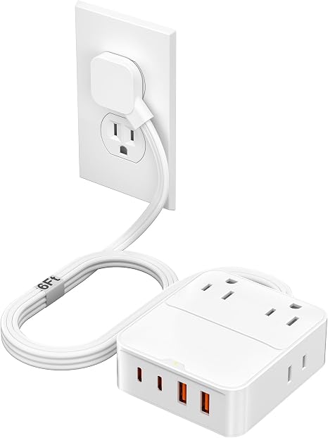 Flat Plug Power Strip 4 Outlets 4 USB Ports 20W Fast Charging 6FT Extension Cord White