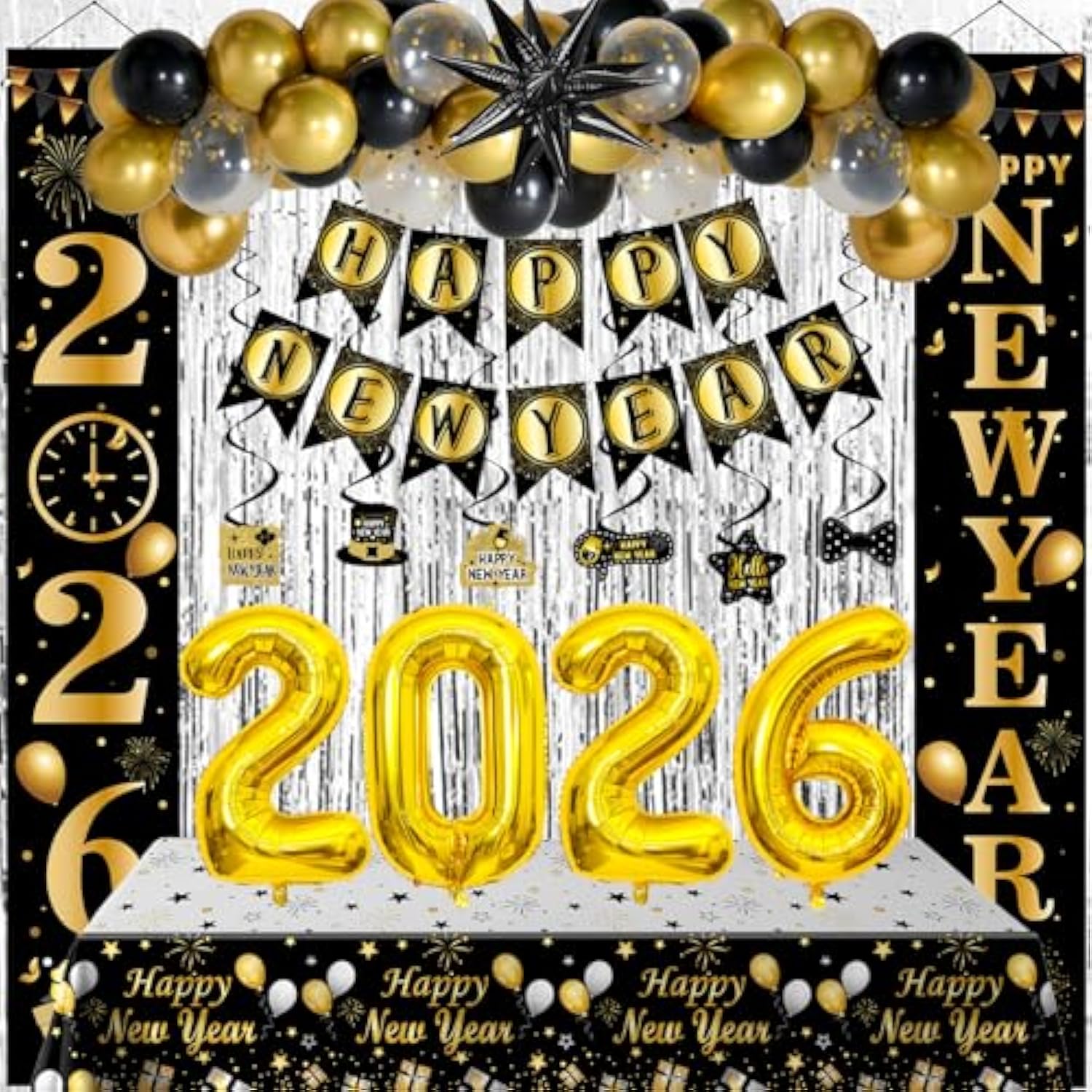 Happy New Year 2026 Party Supplies Banner Backdrop Tablecloth Foil Balloons