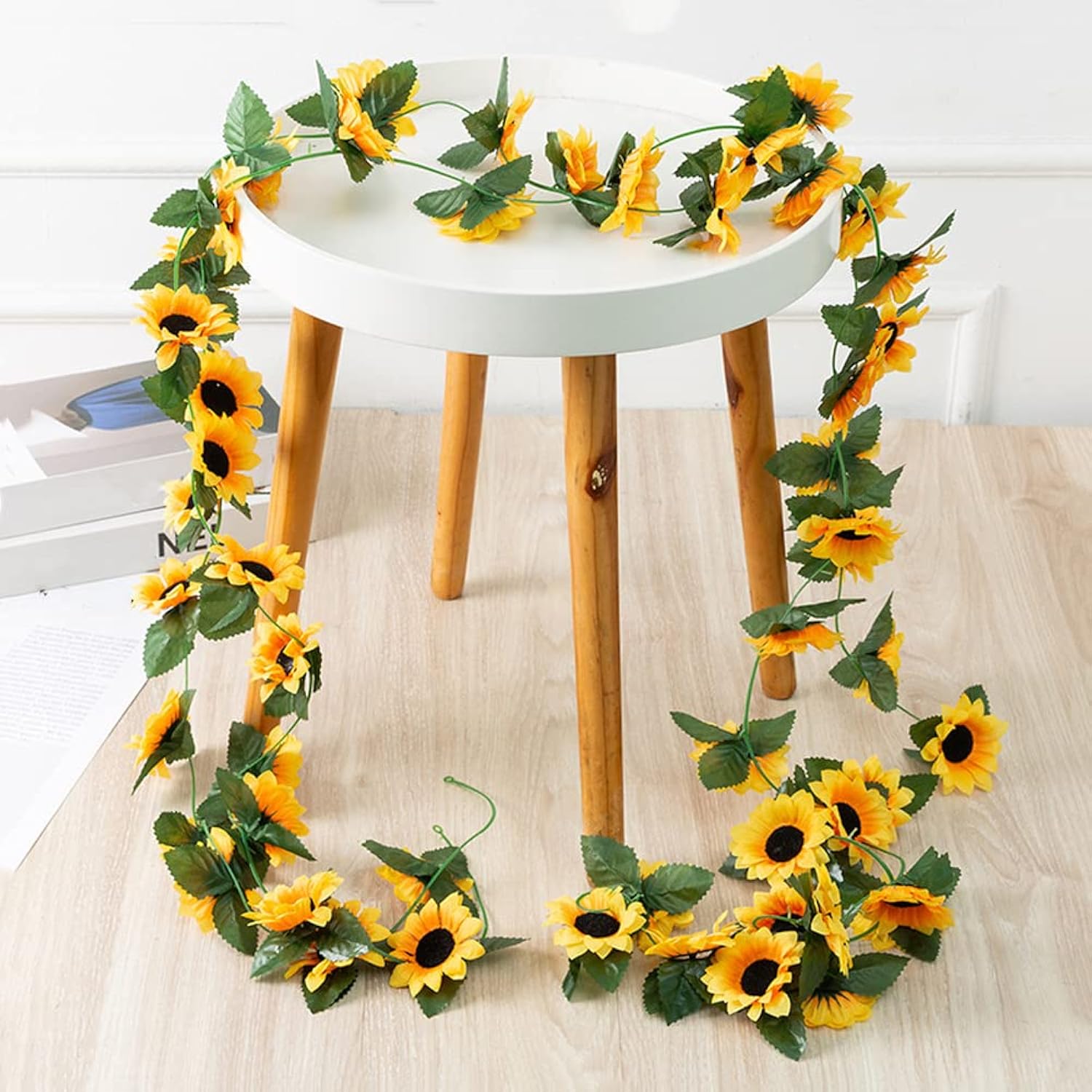 2 Pack Artificial Sunflower Garland Silk Sunflower Vine Artificial Flowers Green Leaves Fabric Floral Head Fake Sunflowers Vine For Wedding Table Home Craft Party Decoration