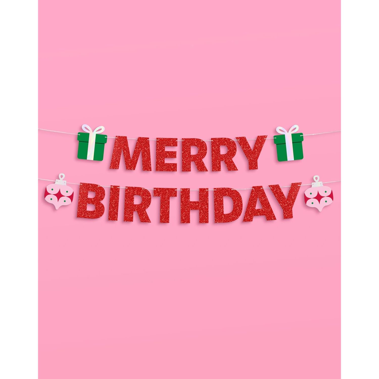 Merry Birthday Banner - Red Glitter, 5 Ft. | Christmas Bday Garland, Xmas Party Decoration, Winter Holiday Sign, Sparkly Photoshoot Backdrop
