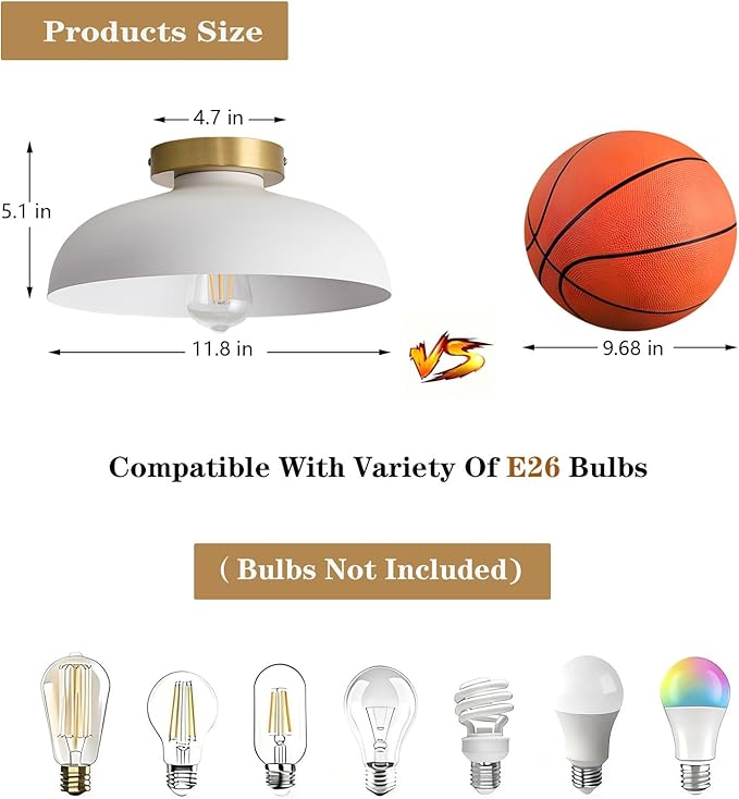 3 Pack Modern Semi Flush Mount Ceiling Lights White and Gold E26 Ceiling Fixtures