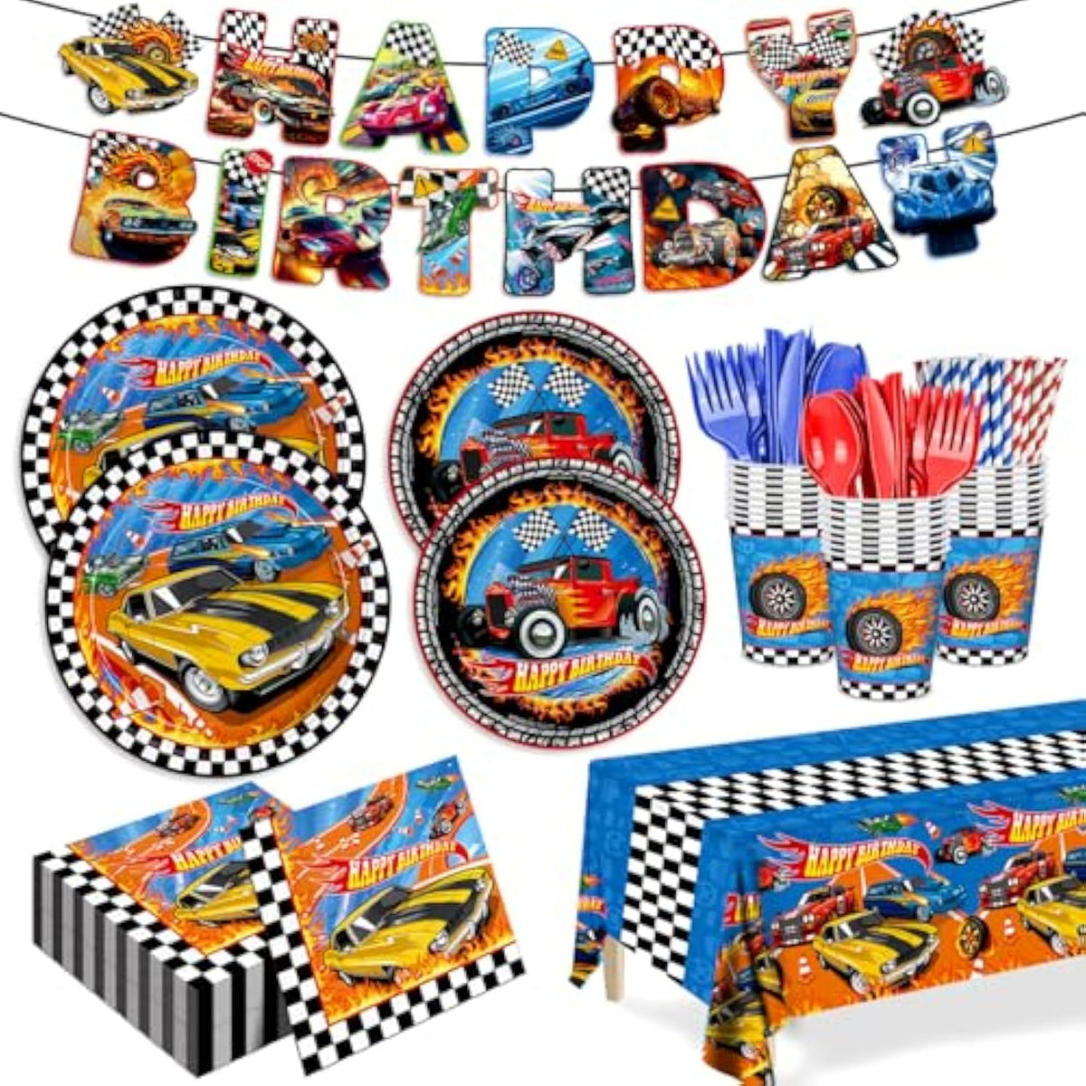 194Pcs Hot Car Birthday Party Decorations Race Car Plates Napkins Banner Tablecloth Disposable Parper Cups Straws Tableware Set Party Supplies For Kids Boys Birthday Decor 24 Guests