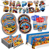 194Pcs Hot Car Birthday Party Decorations Race Car Plates Napkins Banner Tablecloth Disposable Parper Cups Straws Tableware Set Party Supplies For Kids Boys Birthday Decor 24 Guests