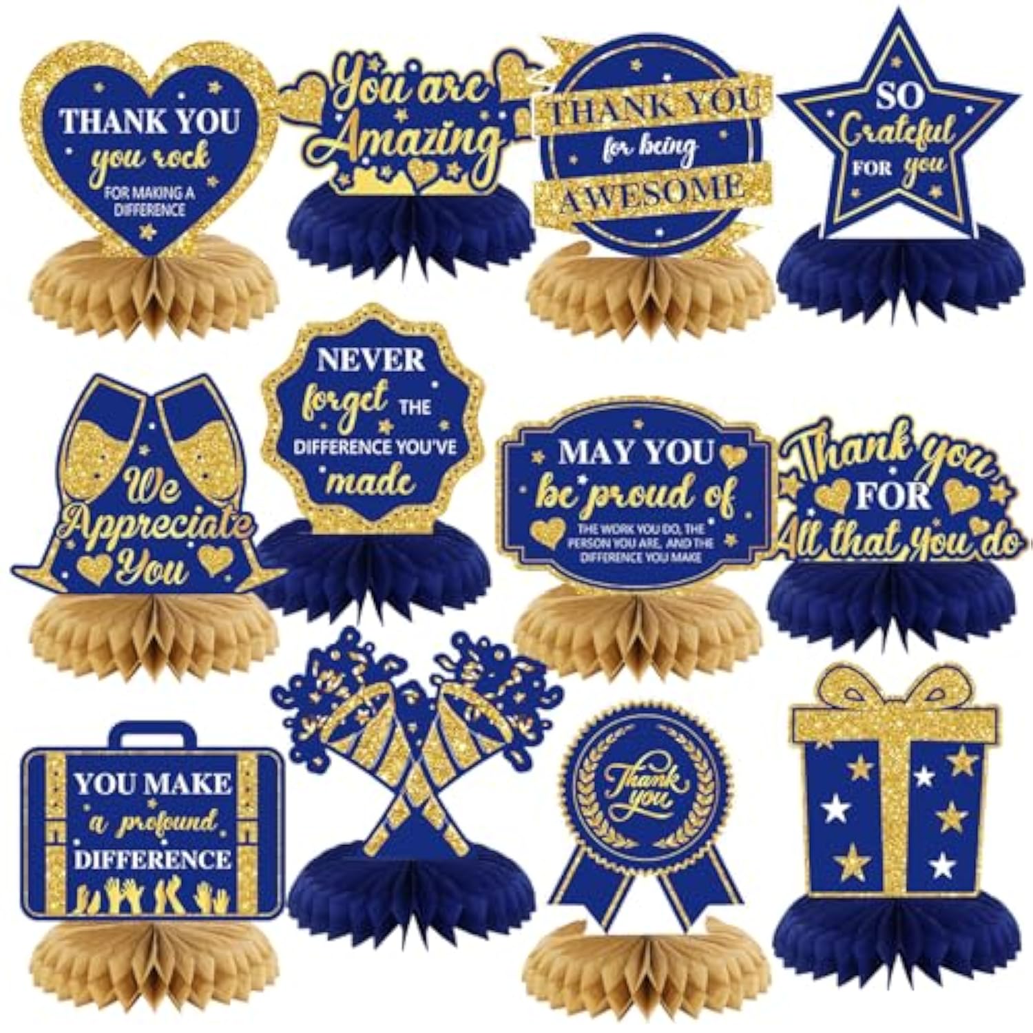 12 Pcs We Appreciate You Party Decorations Honeycomb Centerpieces Blue Gold Employee Appreciation Table Topper Thank You For All Do Table Decoration For Teacher Doctor Party