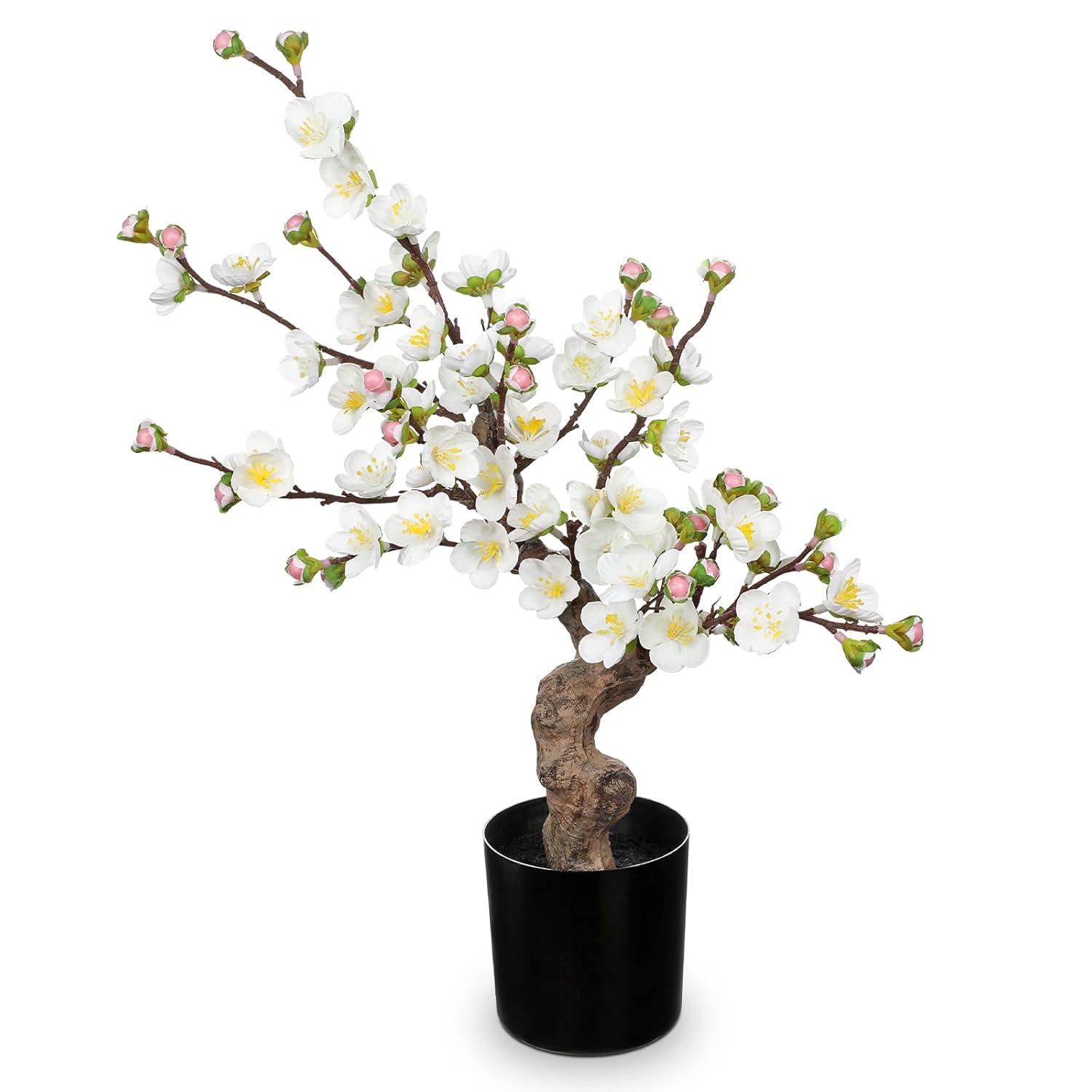 Faux Cherry Blossom Decor White Silk Flowers Arrangement 17.3" Small Cherry Blossom Flowers Tree Realistic Artificial Flowers With Vase Pot Fake Flowers For Home Office Table Centerpiece Wedding Decor