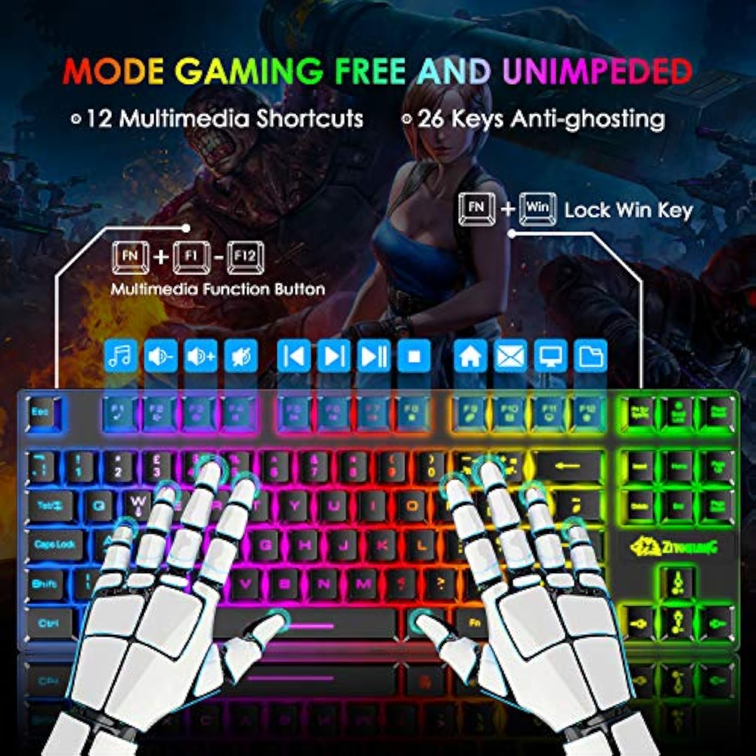 Gaming Keyboard and Mouse Combo,88 Keys Compact Rainbow Backlit Mechanical Feel Keyboard,RGB Backlit 6400 DPI Lightweight Gaming Mouse with Honeycomb Shell for Windows PC Gamers (Black)