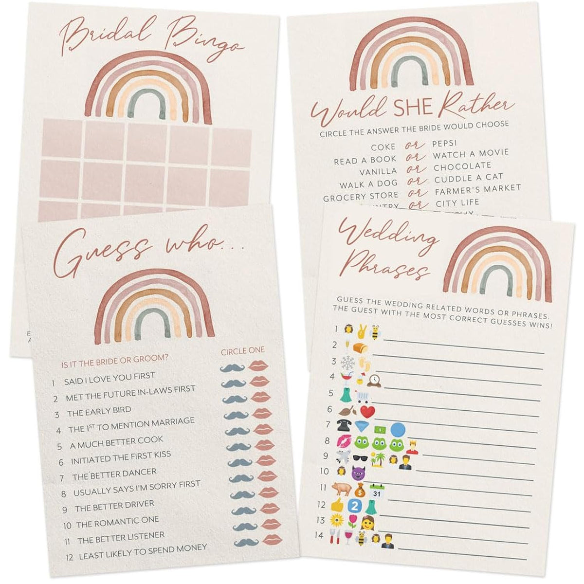 Bridal Shower Game Set – 4 Fun Games And Activities For 30 Guests, Includes Bingo, Bride Or Groom Trivia, Would She Rather, And Wedding Phrase Icon Guessing, Boho Rainbow Design