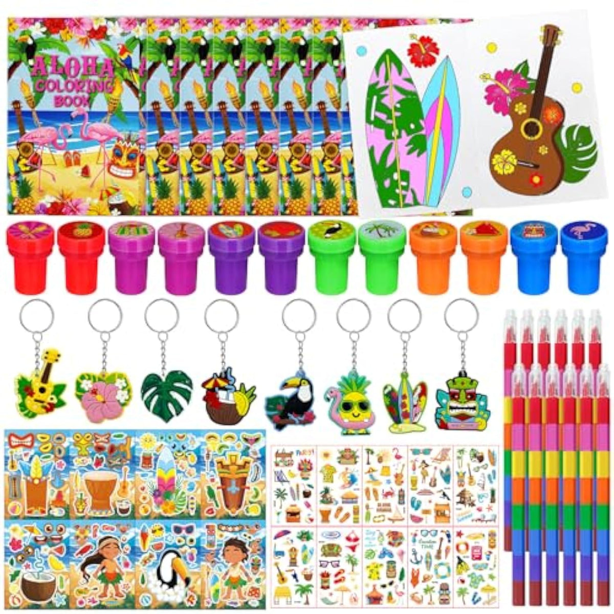 72 Pcs Hawaiian Luau Party Favors, Tropical Moana Flamingo Coloring Books Bulk, Aloha Tiki Summer Birthday Goodie Bag Fillers, Tattoos Stickers Stampers Prizes For Beach Pool Party