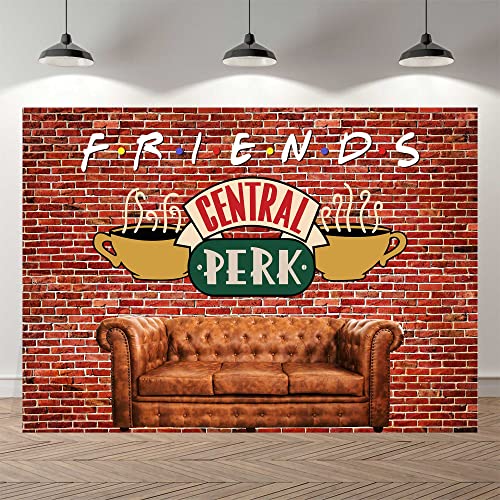 7x5ft Central Perk Friends Party Backdrop Red Brick Wall Retro Pub Sofa and Coffee Photography Background for Adult Birthday Ball Decorations Portraits Photoshoot SK6247B