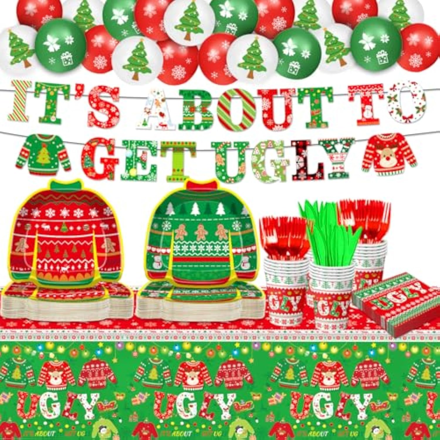 176 Pcs Ugly Sweater Party Decorations - Christmas Party Supplies Includes Plates, Napkins, Cups, Forks, Knives, Banner, Tablecloth, Balloon Garland Kit For Christmas Party Decorations, Serves 25
