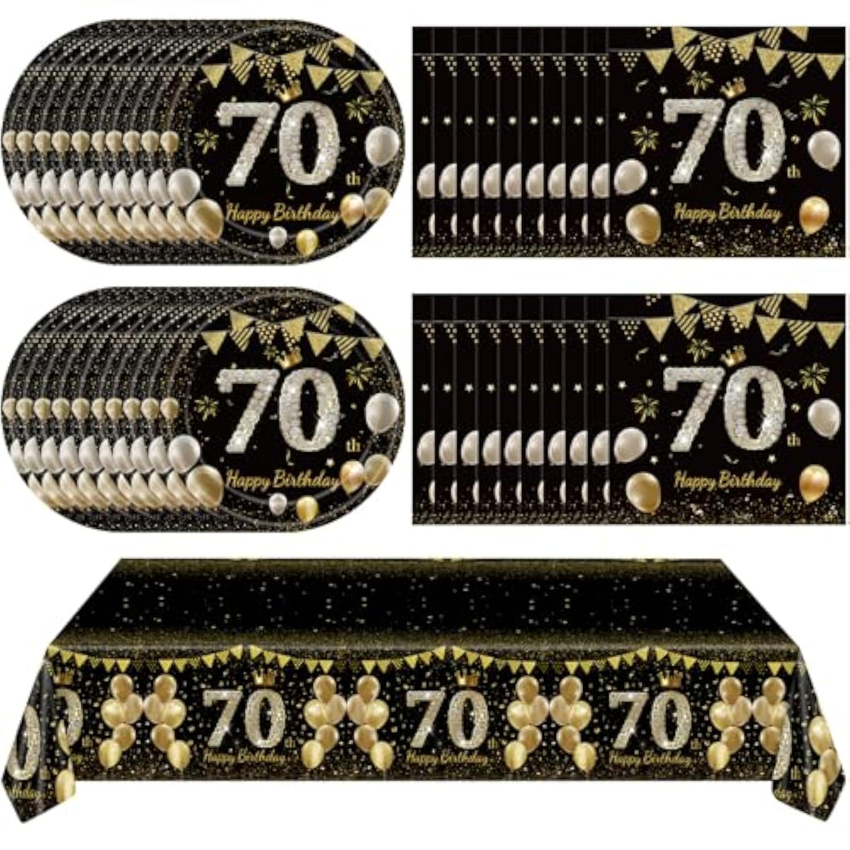 41Pcs 70Th Birthday Decorations For Men Women, Black Gold 70 Year Old Birthday Party Supplies Include 20 Plates 20 Napkins And 1 Tablecloth, Black Gold 70 Aged Birth Party Tableware