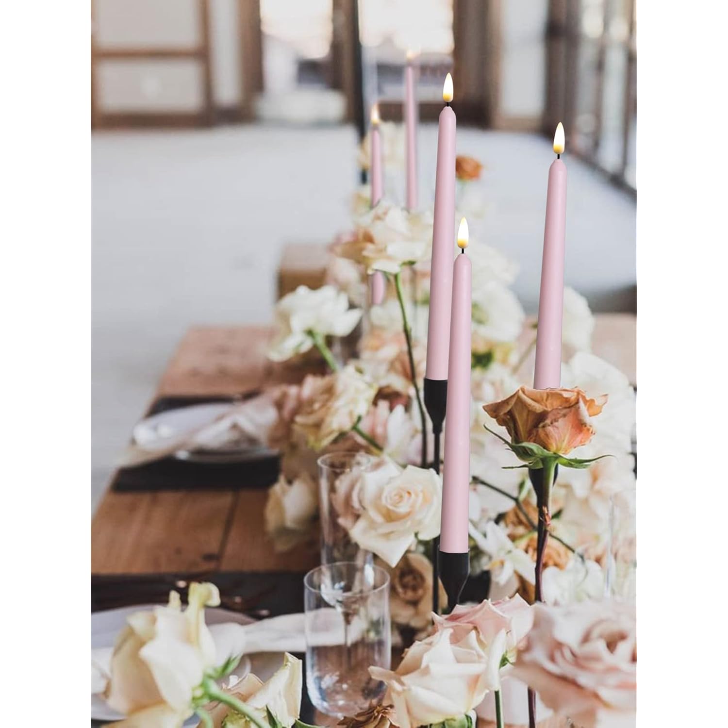 10 Pack Pink Flameless Wax Coverd 11'' Taper Candles With 2 Remote, Led Battery Operated Flickering Bright Candle For Proposal, Wedding, Festive, Family Dinner, Birthday Party, Or Home Decor