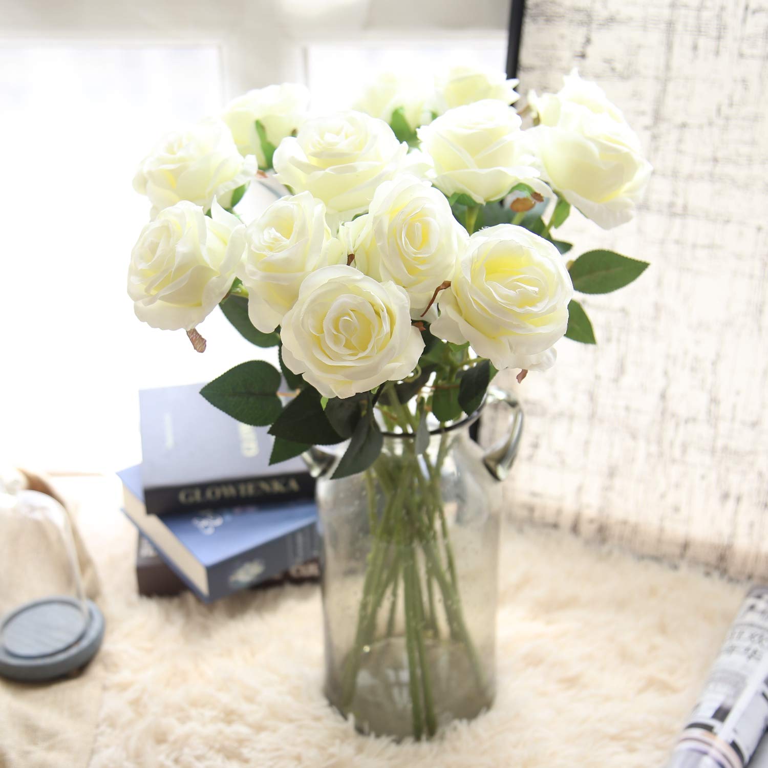 Artificial Silk Flowers Realistic Roses Bouquet Long Stem For Home Wedding Decoration Party (White)