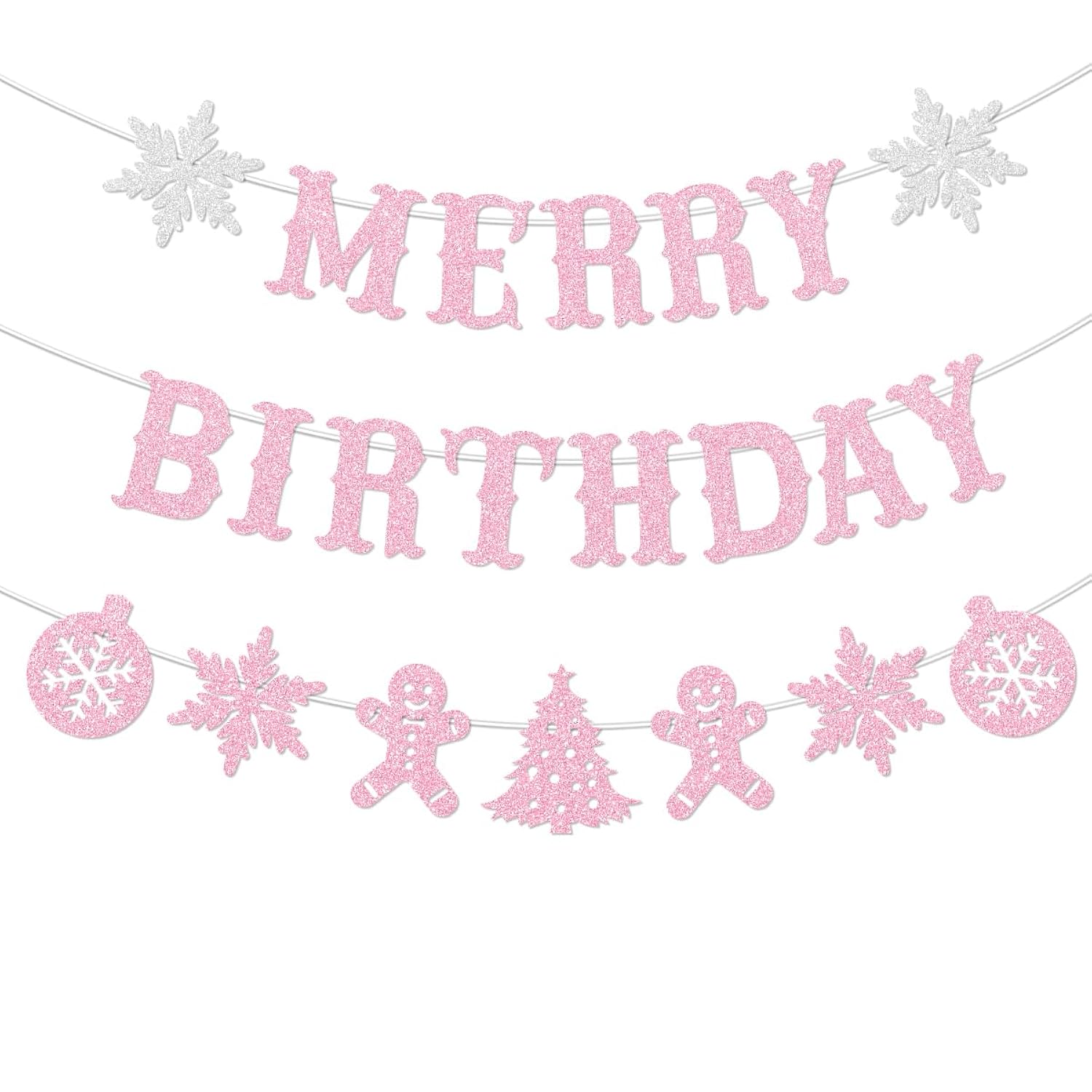 Pre-Strung Merry Birthday Banner Decorations Glitter Pink Christmas Xmas Tree Decoration Happy Birthday Baby Shower Vacation Holiday Party No Diy