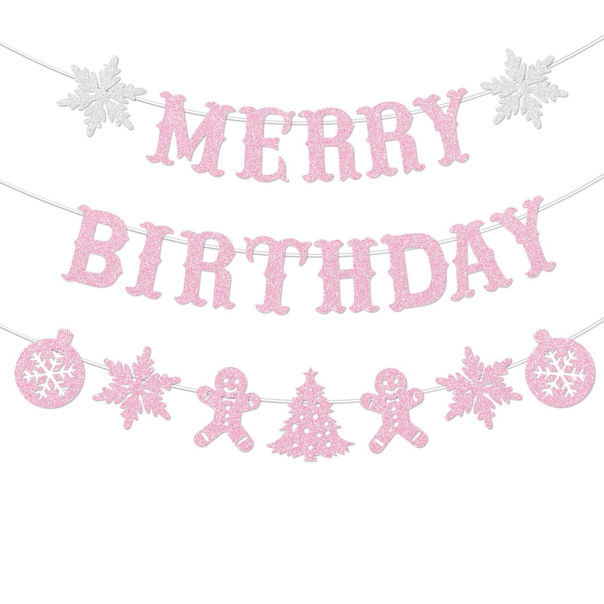Pre-Strung Merry Birthday Banner Decorations Glitter Pink Christmas Xmas Tree Decoration Happy Birthday Baby Shower Vacation Holiday Party No Diy