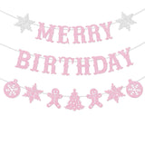 Pre-Strung Merry Birthday Banner Decorations Glitter Pink Christmas Xmas Tree Decoration Happy Birthday Baby Shower Vacation Holiday Party No Diy