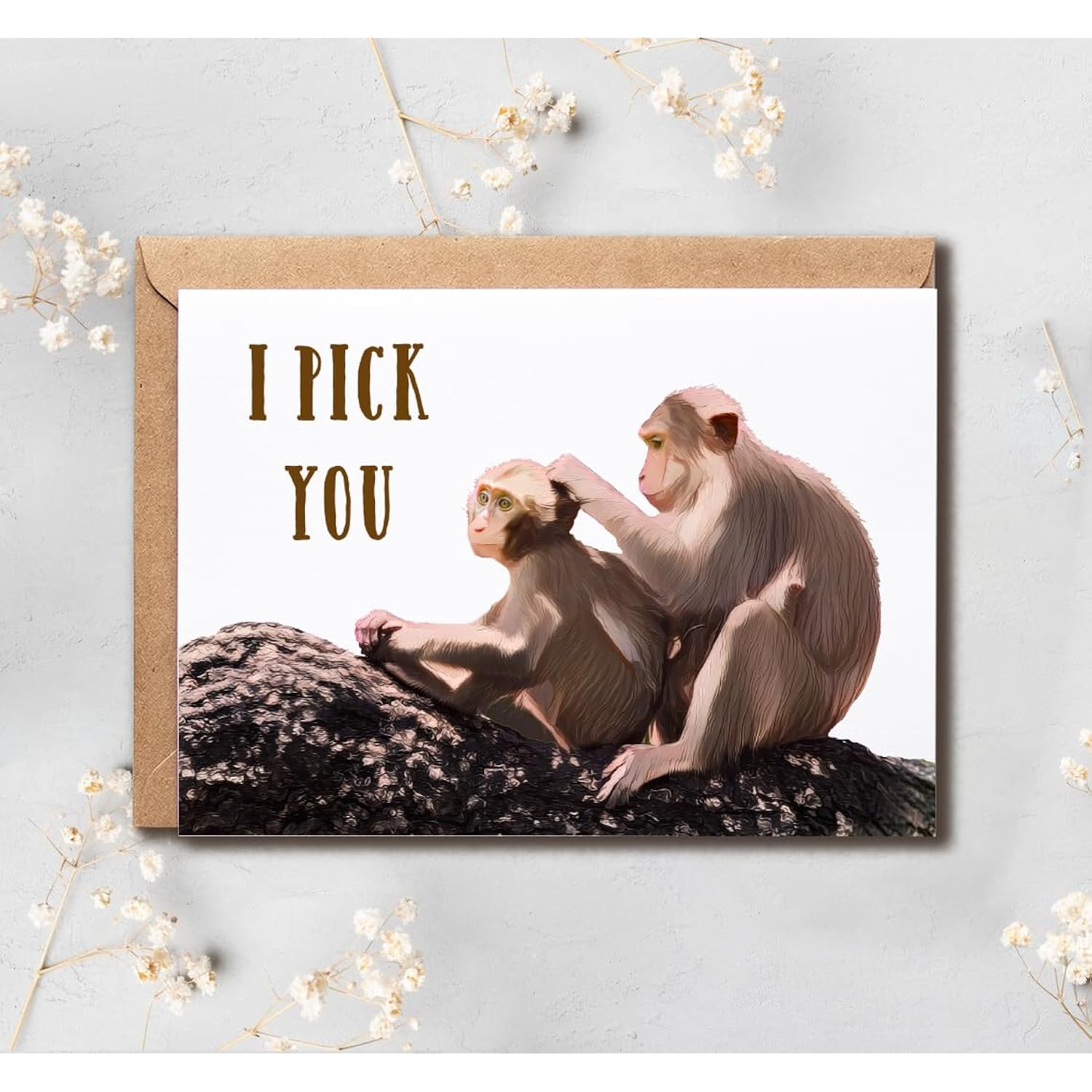 Romantic Watercolor Monkey Card - Funny Valentines Cheers Card - I Pick You Fun Card - Cute Watercolor Love Card, White