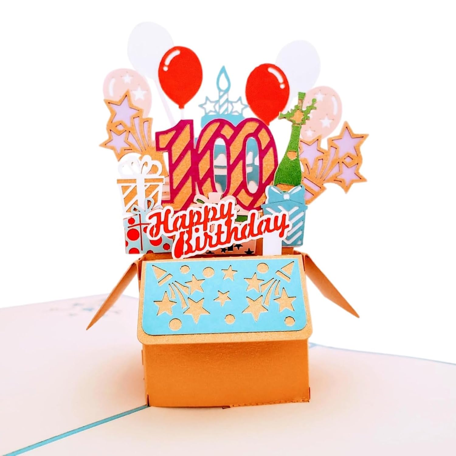 100Th Birthday 3D Pop-Up Card – Blue Party Box Celebration With Balloons, Cake, Champagne & Gifts – Milestone Keepsake For Grandparents, Parents, Friends, Or Loved Ones – 6" X 6"