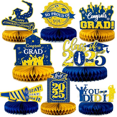 8 Pcs Blue and Gold Graduation Centerpieces for Tables 2026 - Class of 2026 Congrats Grad Party Decorations Supplies Table Toppers, Navy Blue Graduation Honeycomb Centerpieces for College High School