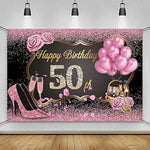 Polyester 6X3.6Ft Happy 50Th Birthday Banner Pink Gold Sign Poster For Women 50Th Birthday Party Decorations Banner Balloons High Heels Champagne Rose Diamonds 50Th Birthday Party Supplies