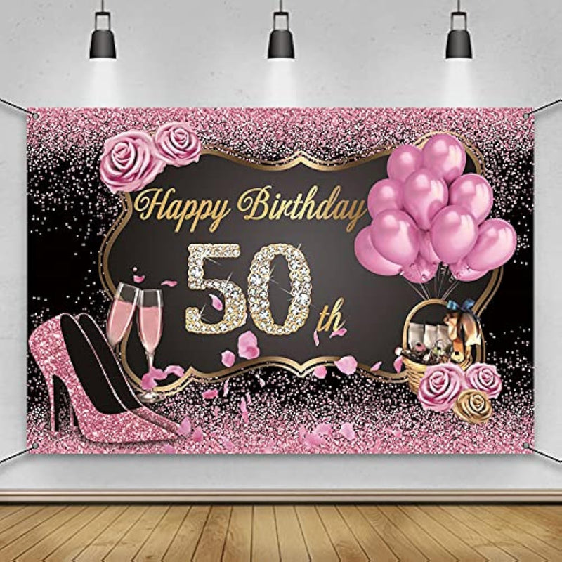 Polyester 6X3.6Ft Happy 50Th Birthday Banner Pink Gold Sign Poster For Women 50Th Birthday Party Decorations Banner Balloons High Heels Champagne Rose Diamonds 50Th Birthday Party Supplies