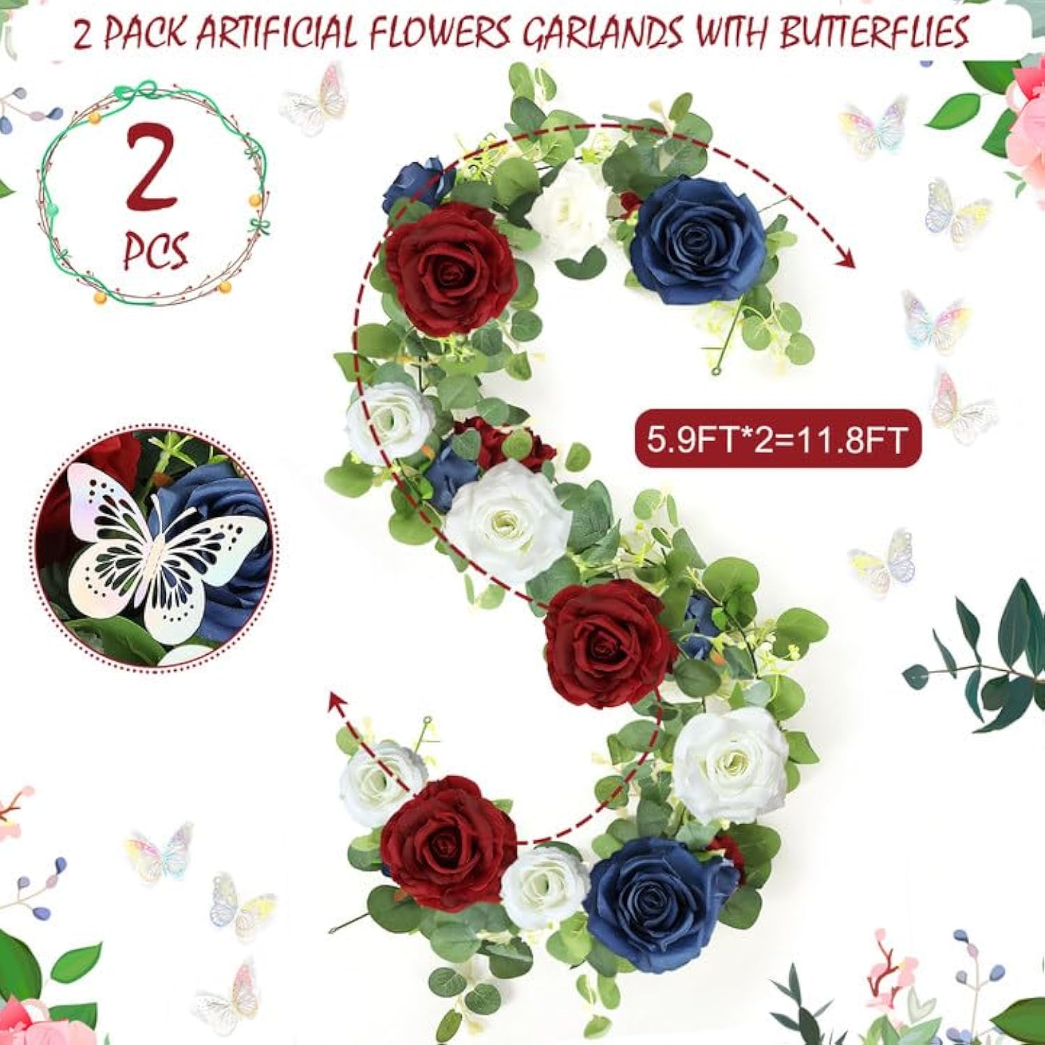 12Ft Artificial Eucalyptus Flower Garland With Butterflies - Pack Of 2 Fake Rose Faux Greenery Eucalyptus Garlands For Wedding Table Backdrop Centerpieces Decorations - Navy Blue & Burgundy& White