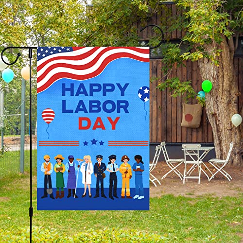 Happy Labor Day Garden Flag 12x18 Double Sided Vertical, Burlap Various Occupations People Small Garden Yard Flags Labor Day Outside Outdoor Decoration (ONLY FLAG)