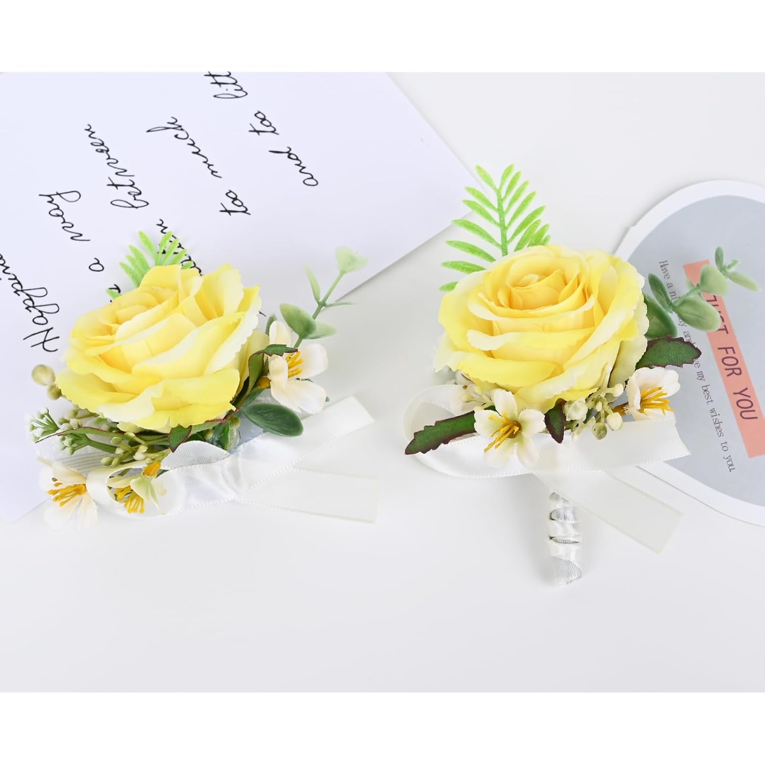 2 Pieces Artificial Flower Wrist Corsage And Boutonniere Set, Groom Groomsmen Bride Bridesmaids Wedding Accessories Prom Party Suit Decorations - Yellow