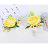 2 Pieces Artificial Flower Wrist Corsage And Boutonniere Set, Groom Groomsmen Bride Bridesmaids Wedding Accessories Prom Party Suit Decorations - Yellow
