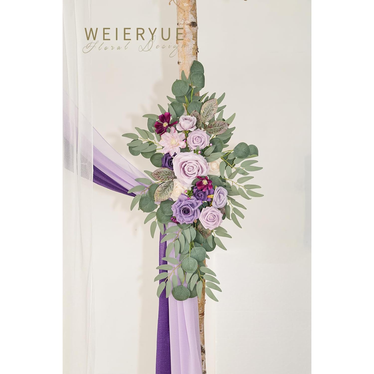 Deluxe Purple Artificial Wedding Arch Flowers With Drapes Kit-Pack Of 5, 2Pcs Flower Arrangements 3Pcs Hanging Sheer Drapes Blue Ceremony Arbor Reception Backdrop Rose Floral Decorations.