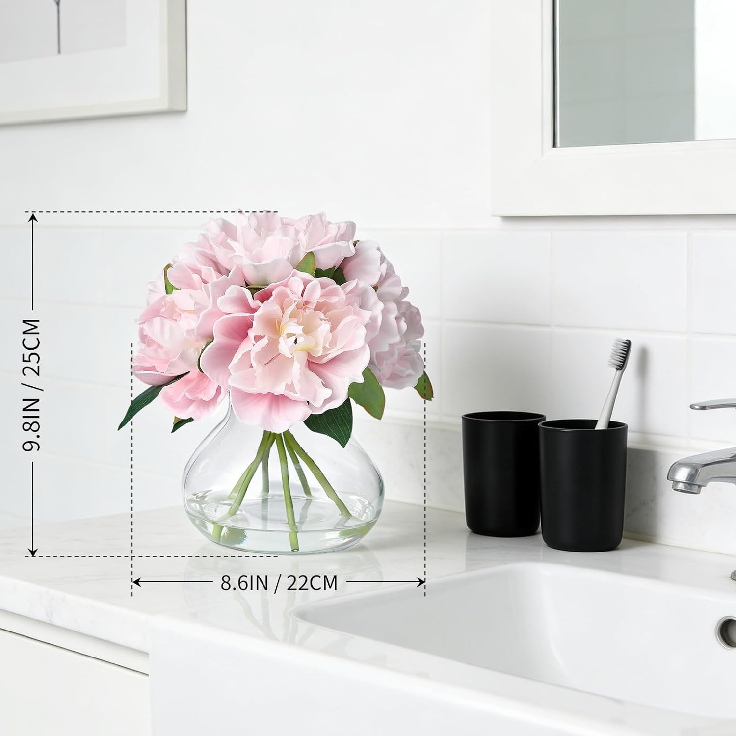 Pink Peonies Artificial Flowers With Glass Vase, Silk Faux Peony Flower Arrangement With Faux Water, Fake Flowers In Vase For Table Centerpieces, Shelf Bathroom Decor, Home & Wedding Decoration