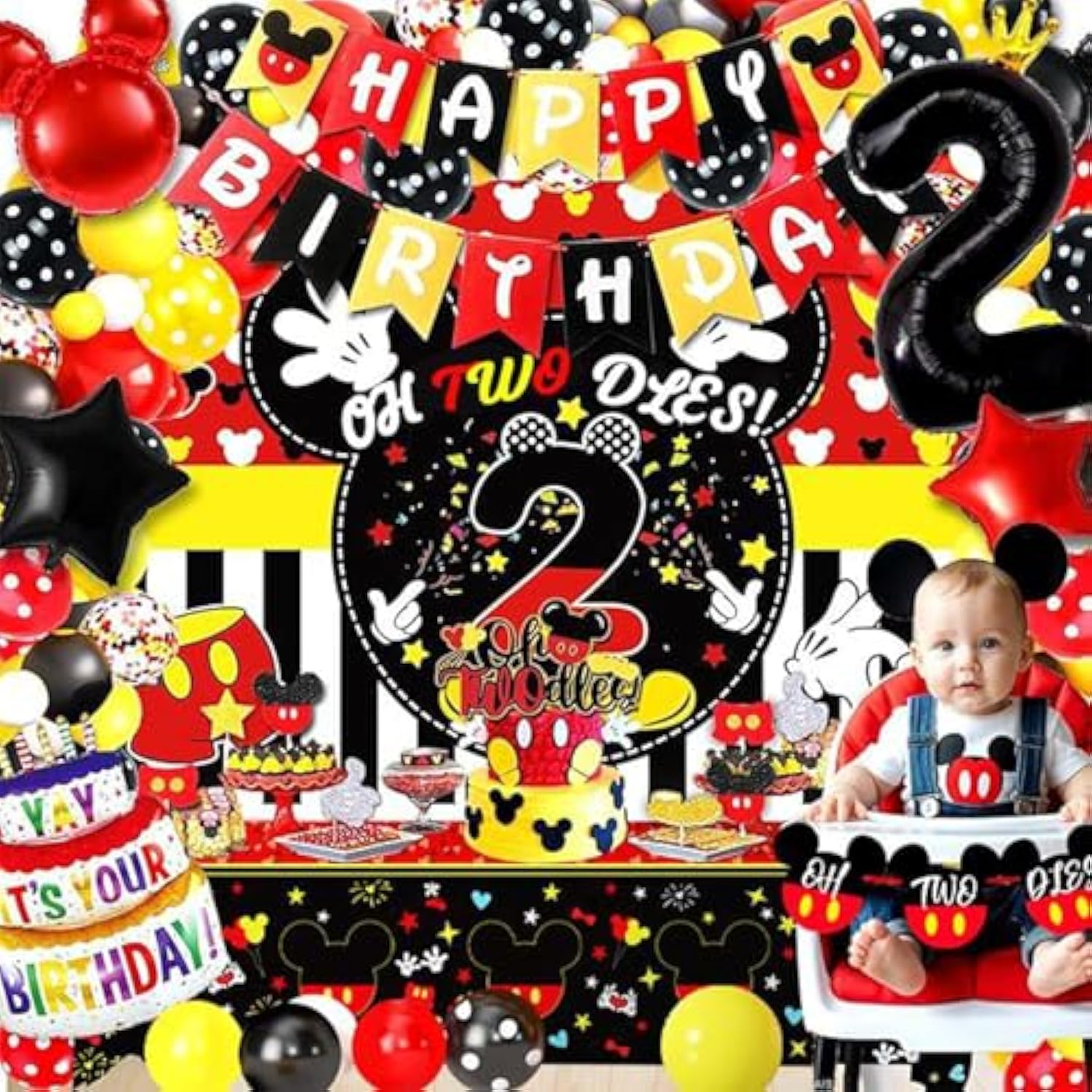132Pcs Oh Twodles Birthday Party Supplies Boy, Red Mouse 2Nd Birthday Decorations Supplies, Balloons Arch Banner Backdrop Tablecover Cake Topper For Black Mouse Themed Boy 2 Years Old Birth Party