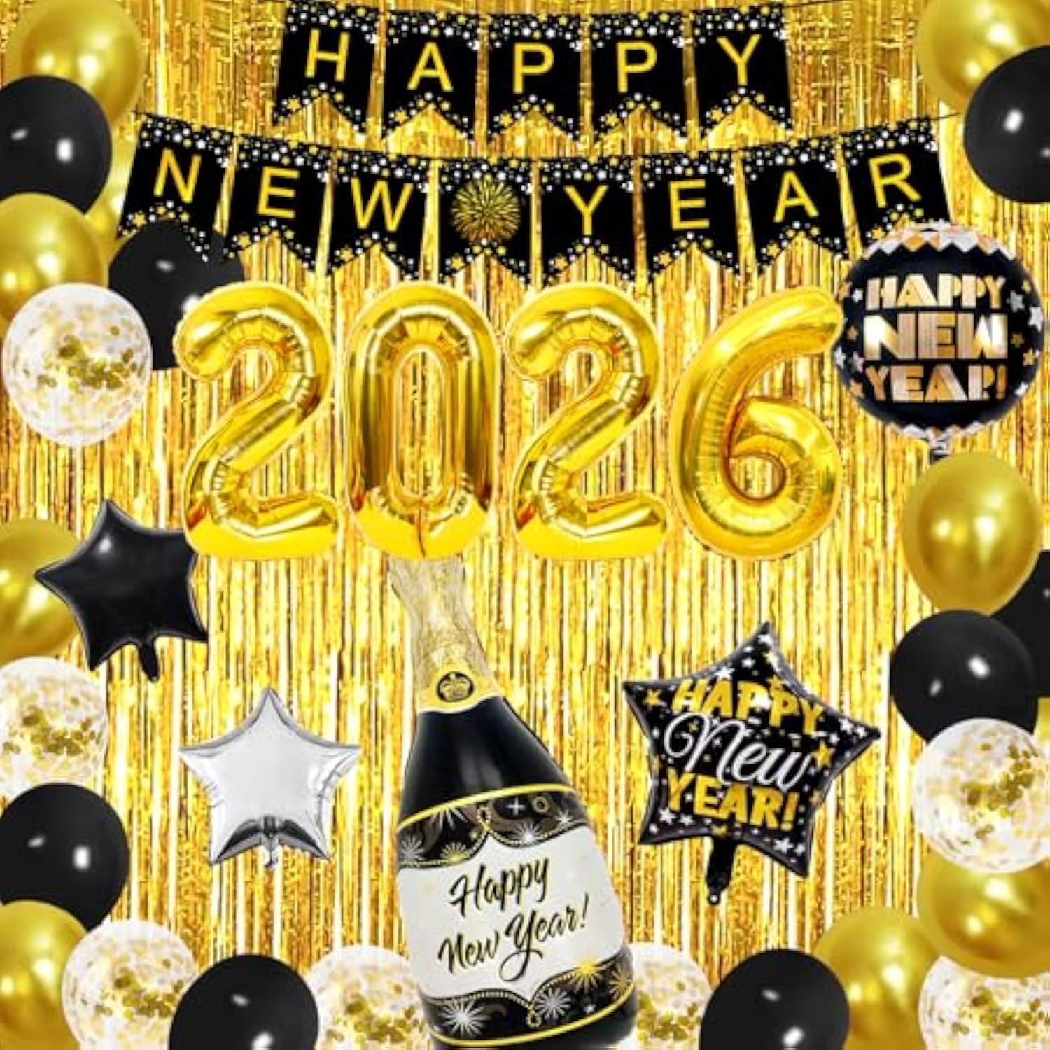 New Years Eve 2026 Party Decorations with Banner Balloons Fringe Curtain & Foil Balloons